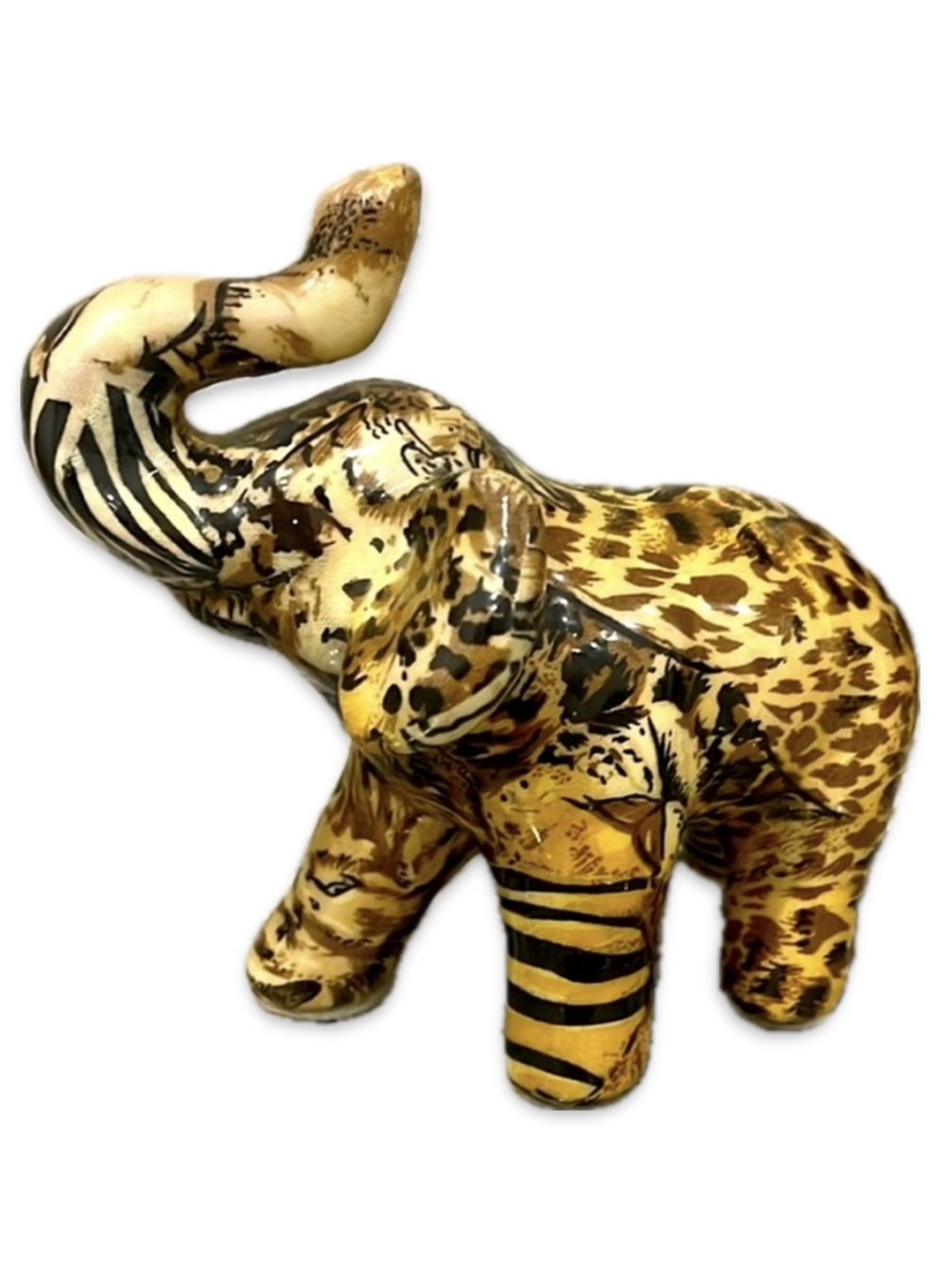 Vintage La Vie Safari Patchwork Trunk Up Elephant Figurine Good Luck Ceramic